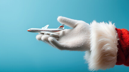 Santa holding a model airplane for festive holiday travel, winter vacation inspiration and Christmas journeys