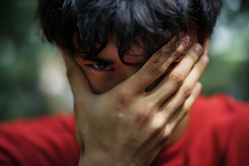 Fototapeta premium One eye peeks through fingers of a young man's hand in portrait orientation