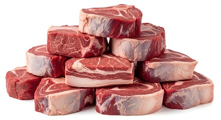 Fresh raw beef chuck eye steaks stacked on a white surface ready for cooking