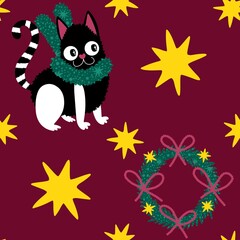 Cartoon funny cats seamless Christmas pattern for wrapping paper and kids clothes print and festive packaging