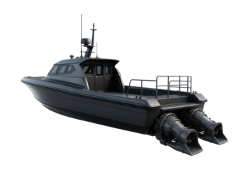 Jet-powered patrol vessel featuring waterjet propulsion and rear deck access.