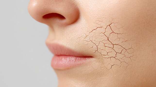 Close-up of a female face showing dry skin with visible cracks, highlighting the effects of dehydration and skin health, emphasizing the importance of skincare routines and hydration