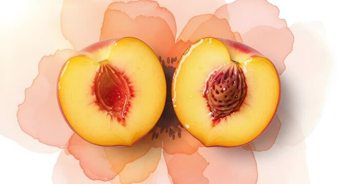 Two peach halves with pits displayed on a peach watercolor flower against white background