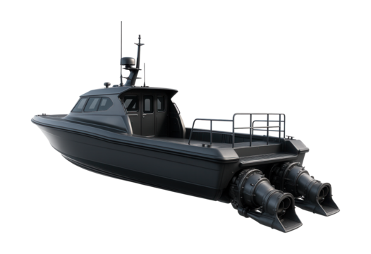Jet-powered patrol vessel featuring waterjet propulsion and rear deck access.