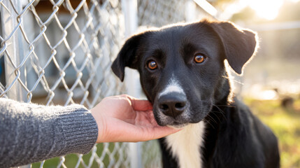 Black and white dog being gently petted by a hand, with a chain-link fence and soft sunlight creating a warm atmosphere, showcasing the bond between human and pet