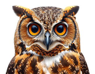 Curious brown owl with large round eyes, nocturnal bird, transparent background.