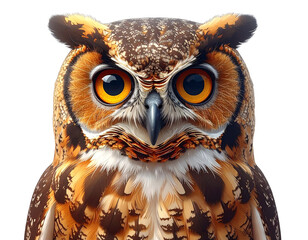 Curious brown owl with large round eyes, nocturnal bird, transparent background.