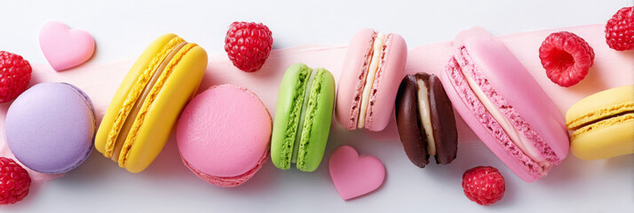 Colorful macarons in various flavors arranged on a white surface, surrounded by fresh raspberries and heart-shaped decorations, creating a delightful dessert display