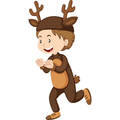 Cute Cartoon Boy Wearing A Brown Reindeer Costume With Antlers And Ears Running Happily With A Transparent Background
