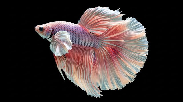 Beautiful Betta Fish with Flowing Fins Isolated on Black Background.