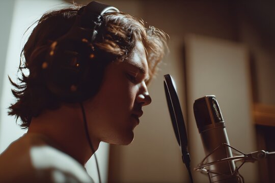 Man wearing headphones in a recording studio sings into a microphone