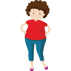 A Chubby Cartoon Woman With Curly Brown Hair Wearing A Red T Shirt And Blue Jeans Standing With Her Hands On Her Hips Against A White Background