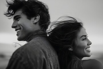 Smiling couple standing back to back in black and white aesthetic © Studicon