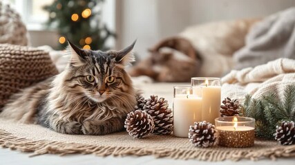 Cozy rustic holiday table setting with glittery pinecones and eco-friendly candles