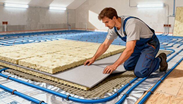 Professional installer laying insulated panels for underfloor heating illustrating the technical process behind efficient radiant warmth systems.