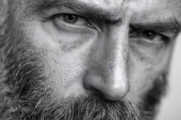 Close up of a person's face with a beard and an intense stare in black and white