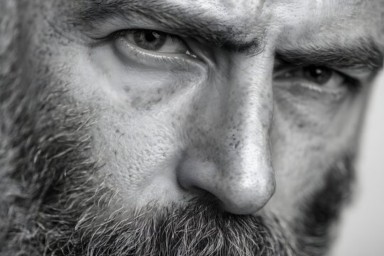 Close up of a person's face with a beard and an intense stare in black and white