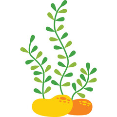 Vibrant underwater aquatic plant with green stems and leaves growing from colorful yellow and orange rocks in clear white background clean vector illustration