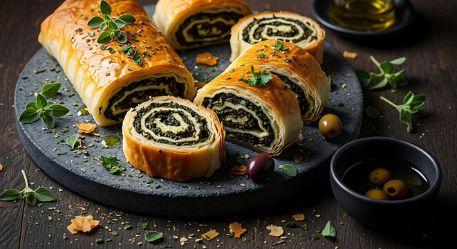 Delicious savory pastry rolls on a dark gray plate with fresh herbs and olives. Perfect for a snack or meal