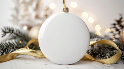 Blank white Christmas bauble mockup with gold ribbon and pine branches. Round ceramic ornament for logo or text. Holiday decoration background