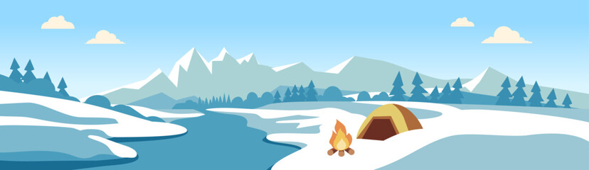 Winter Camping by Snowy River with Mountains
