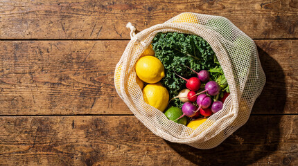 Sustainable string cotton shopping bag filled with organic lemons, kale, radishes, and limes lying on rustic wooden table background, promoting zero waste lifestyle.