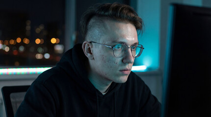 Concentrated young man with glasses wearing a black hoodie, looking intently at a computer monitor while working late in a dark office with blurred night city lights.