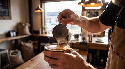 Close-up of a barista's hands holding a metal pitcher and pouring steaming hot milk into a ceramic cup to create intricate latte art on a wooden counter in a rustic cafe.