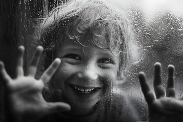 Smiling child presses hands against a rain covered window with anticipation