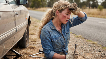 Exhausted young blonde woman in denim shirt wiping sweat from her forehead with a gloved hand while holding a lug wrench next to a car with a flat tire on a dirt road.