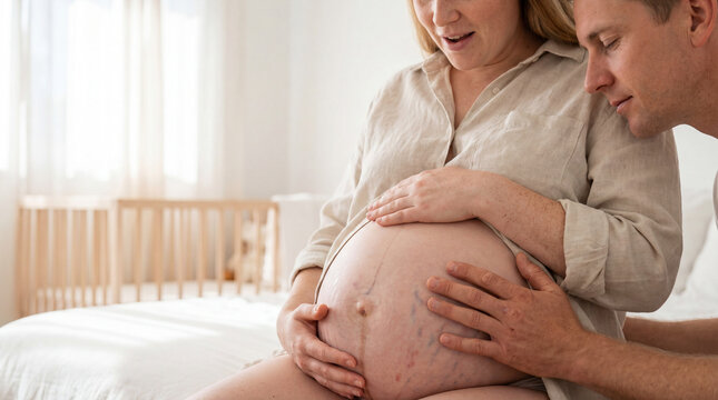 Loving Partner Touching Pregnant Woman's Belly with Visible Stretch Marks - Powered by Adobe