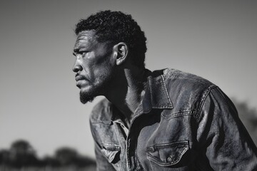 Side profile portrait of a man with a denim jacket looking to the left