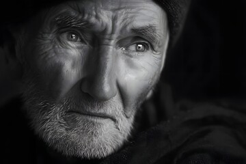 Monochrome portrait of an aged man with weathered face