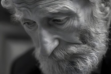 Close up of an elderly man's face in monochrome with contemplative expression