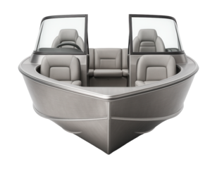 Aluminum runabout with dual console, windshield, and bow seating.