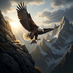 Majestic Eagle Soaring Above Mountain Peaks with Prey in Claws.