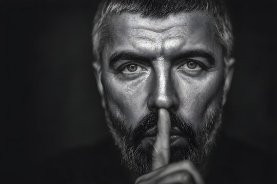 Intense monochrome portrait of a man gesturing to be quiet