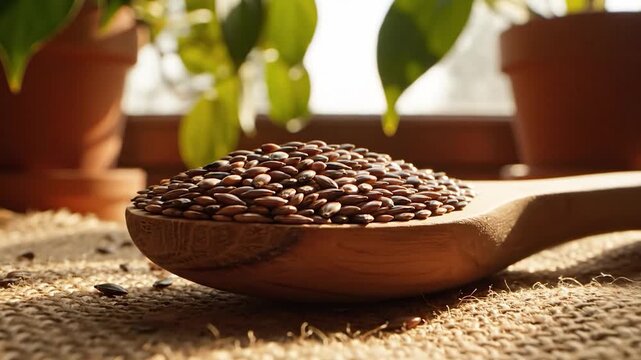 Flax seeds on wooden spoon in natural sunlight 4k video