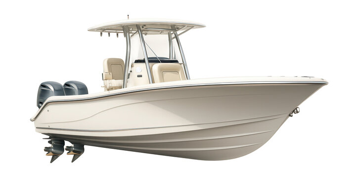 Sleek center console boat with fiberglass hull and twin outboard engines.
