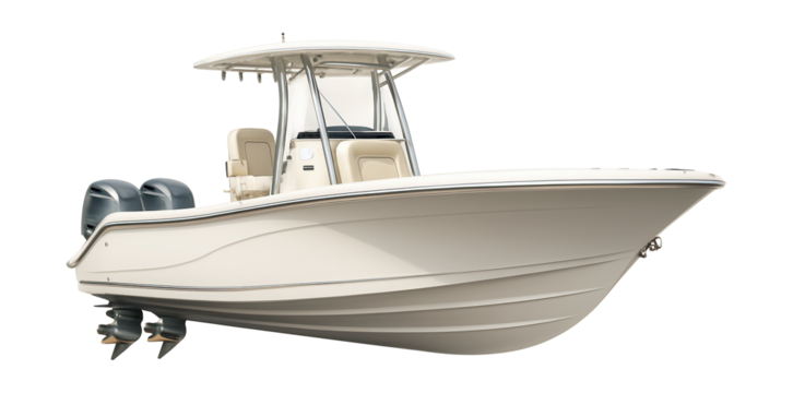 Sleek center console boat with fiberglass hull and twin outboard engines.