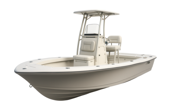 Fishing boat with elevated helm and built-in rod holders.