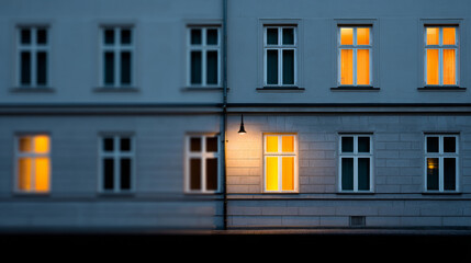 Evening view of a residential building facade with illuminated and a street lamp casting warm light on the wall