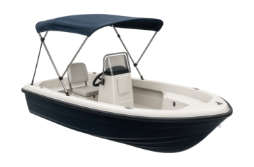 Multi-functional console dinghy featuring a collapsible bimini and ample storage.