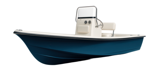 Shallow-draft console boat featuring a flat hull and raised center console.