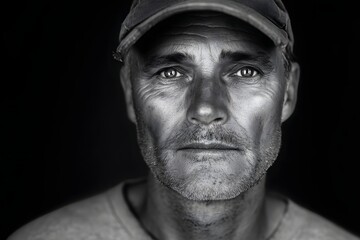 Obraz premium Dramatic portrait of a weathered man staring intently into the camera with a black background