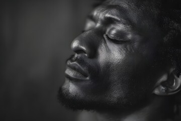 Introspective monochrome portrait of a thoughtful african american man with closed eyes