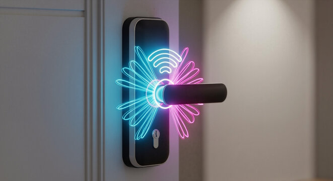 Smart door lock with glowing neon light effect. Modern home security device for remote access and smart home integration. Innovative technology for comfortable living.