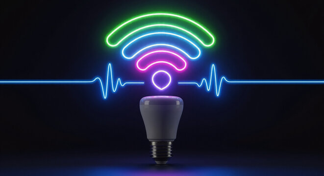 Light bulb emitting neon wifi signal and heartbeat monitor line. Internet of things and smart home technology concept for connectivity.