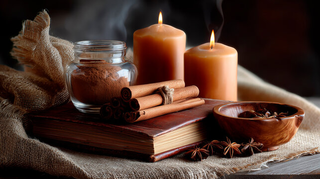 A cozy scene with cinnamon sticks, lit candles, and warm ambient lighting, evoking comfort and hope during tough times, inspiring belief in miracles, comforting atmosphere