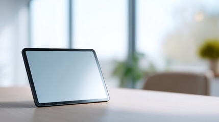 Modern digital tablet with blank screen standing on wooden table in bright environment with blurred background